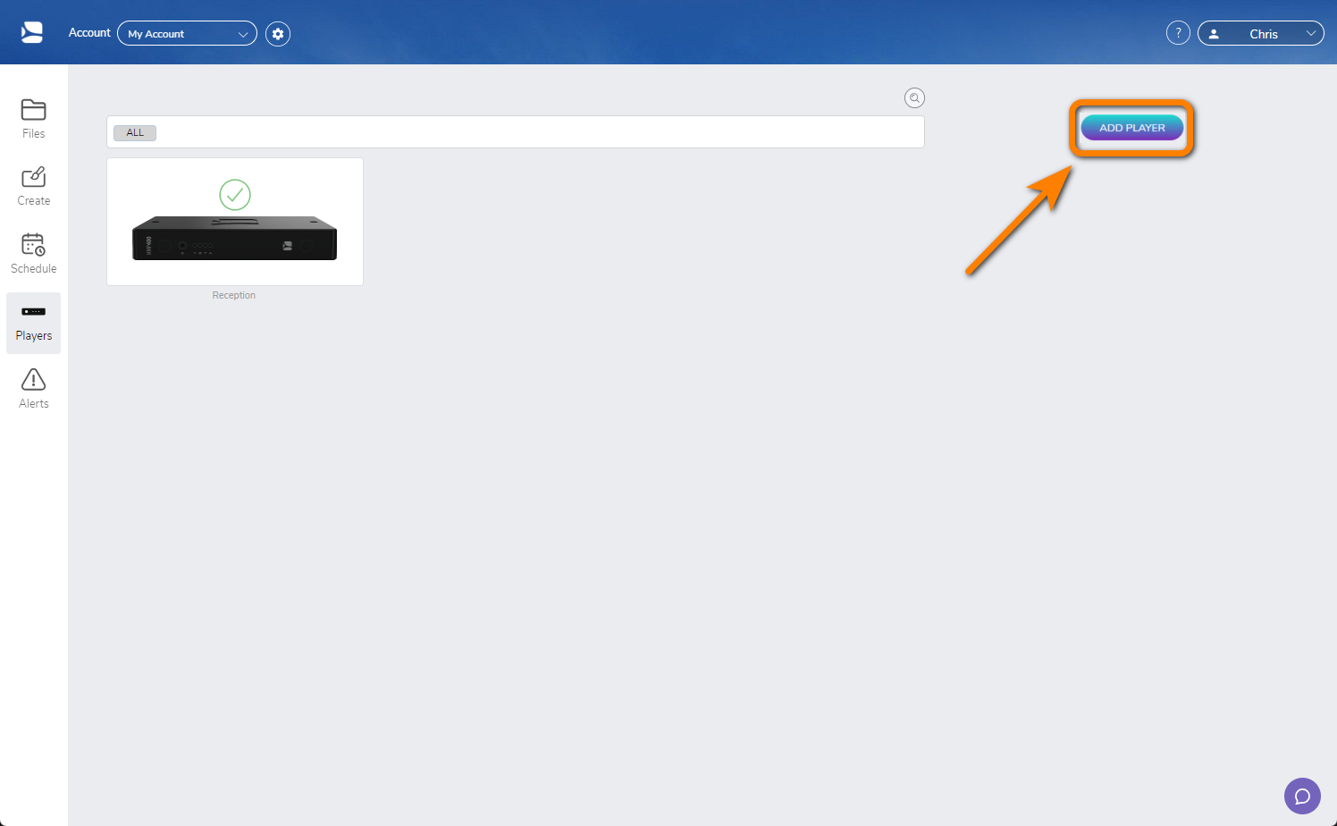 ADD PLAYER button on Setup page