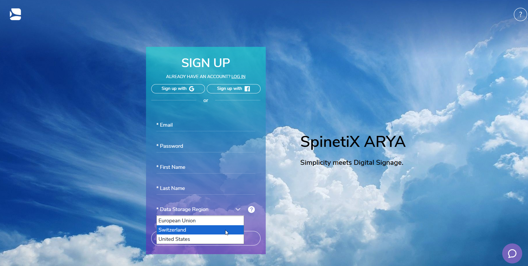 ARYA sign-up — region selection