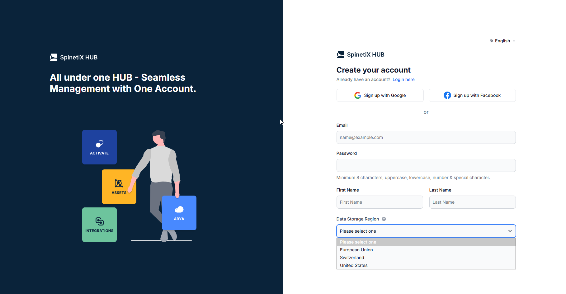 HUB sign-up — data storage region selection