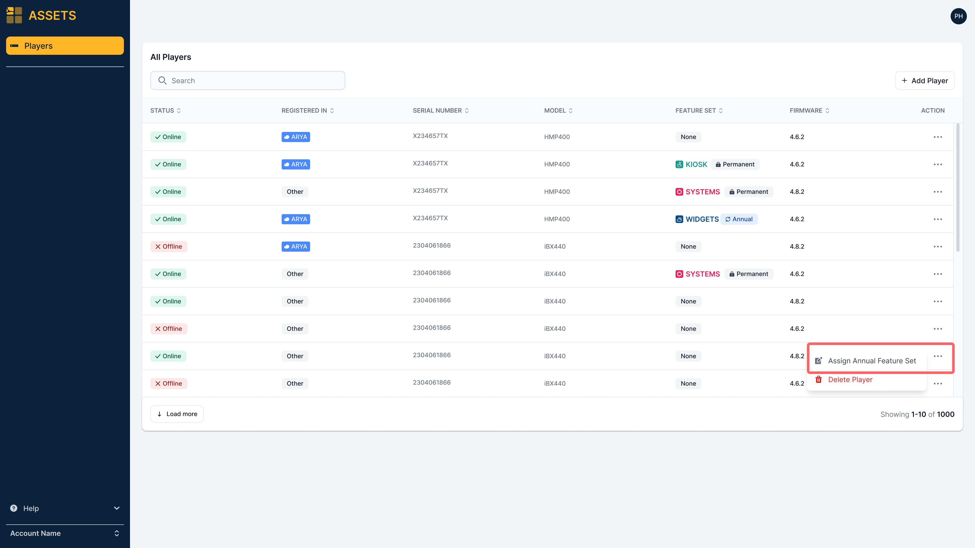 Assign Annual Feature Set from Actions menu