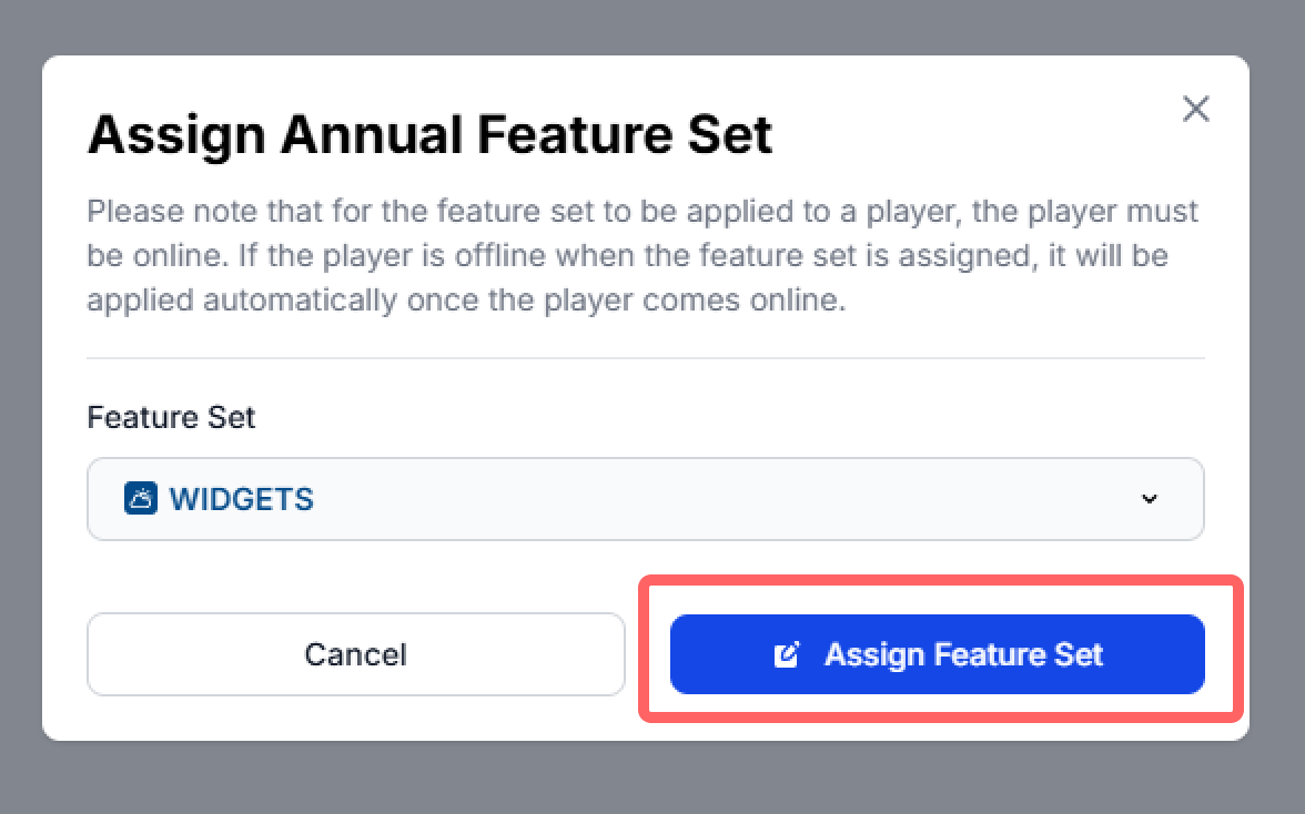 Confirm assigning Annual Feature Set