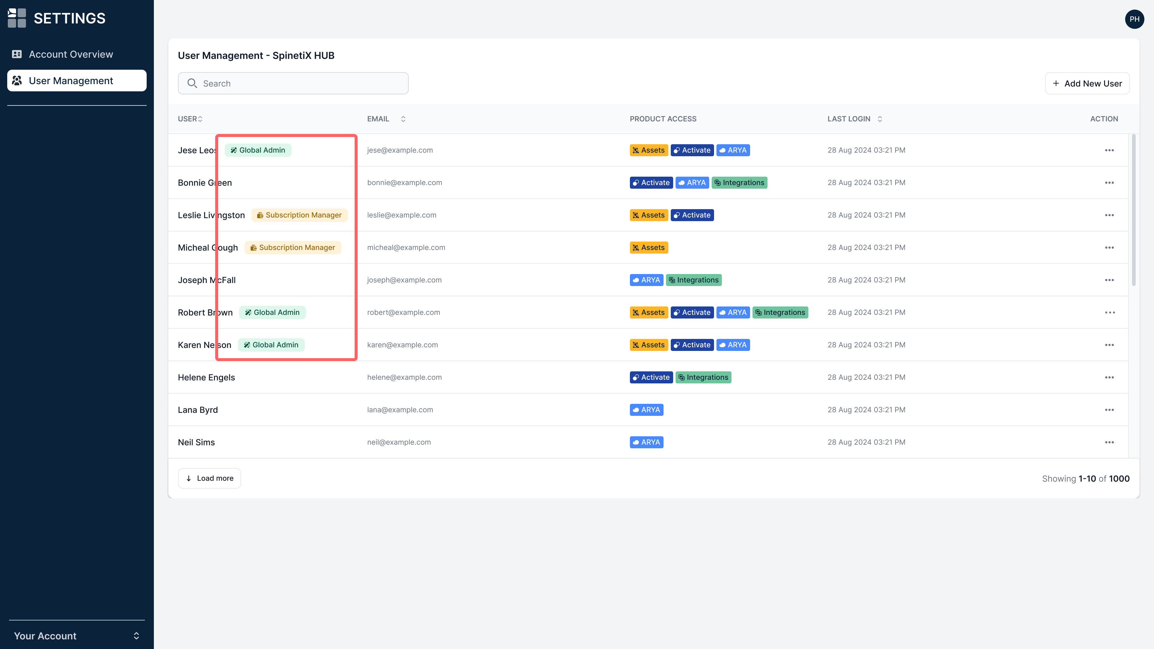 Subscriptions section in Assets