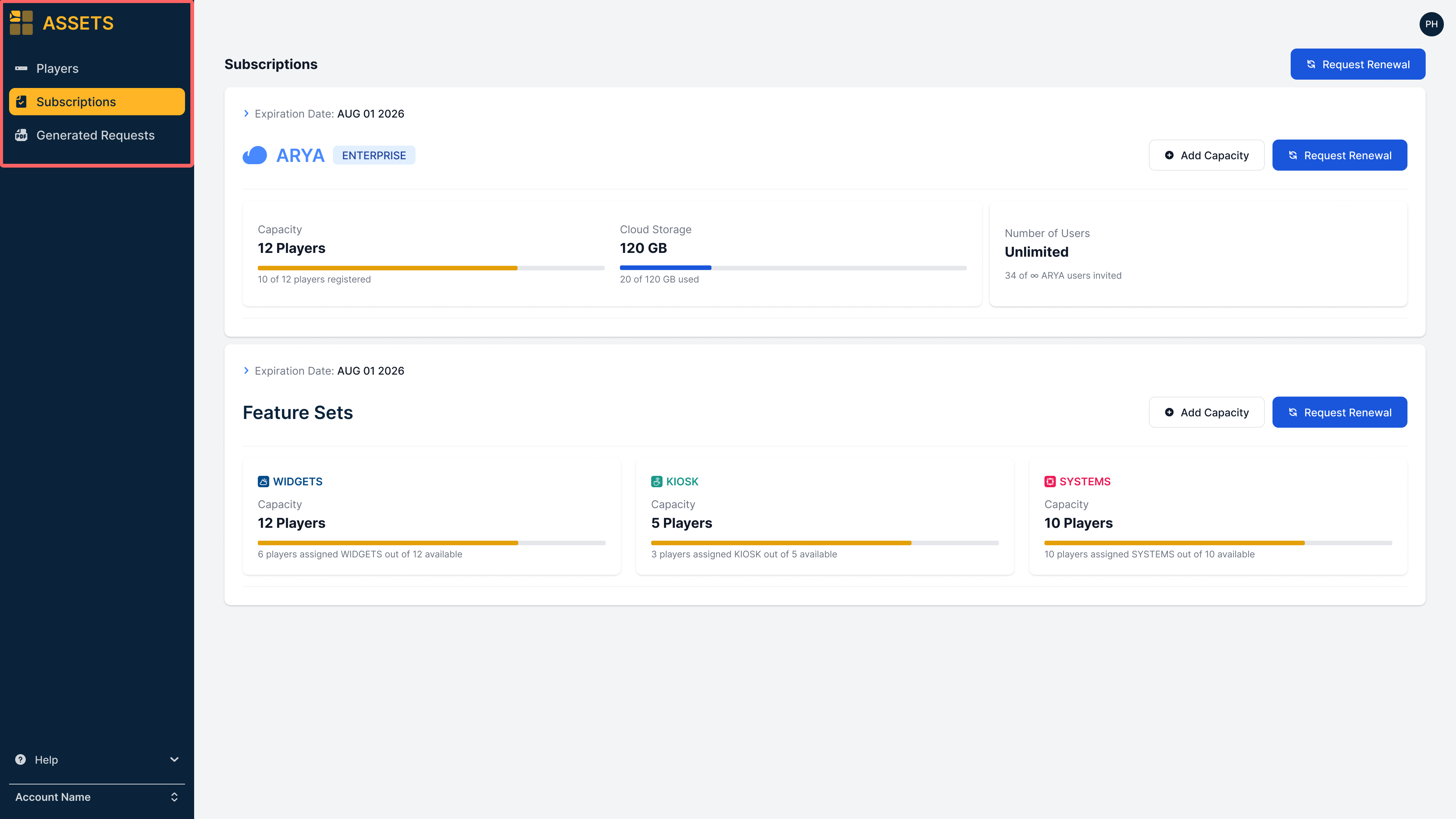 Assets Subscriptions overview