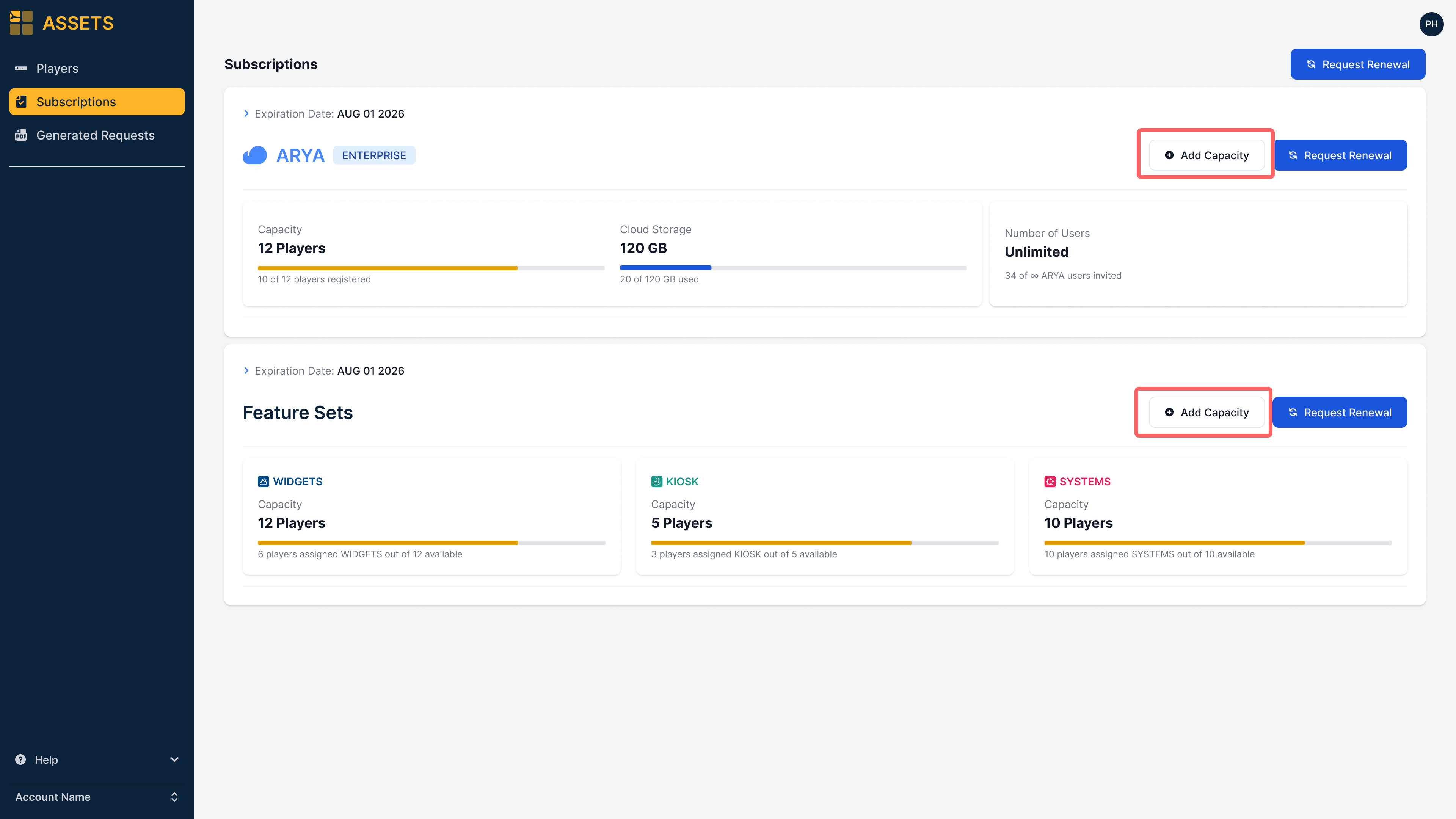 Choose the subscription that requires additional capacity