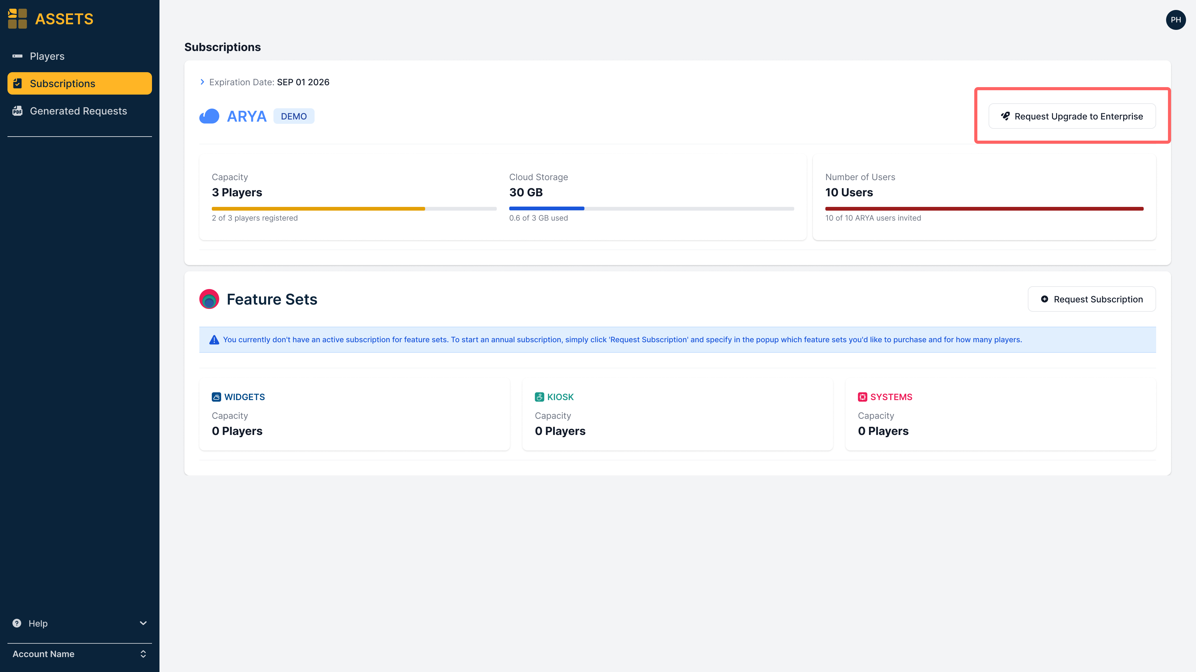 Request Upgrade button in the subscription section