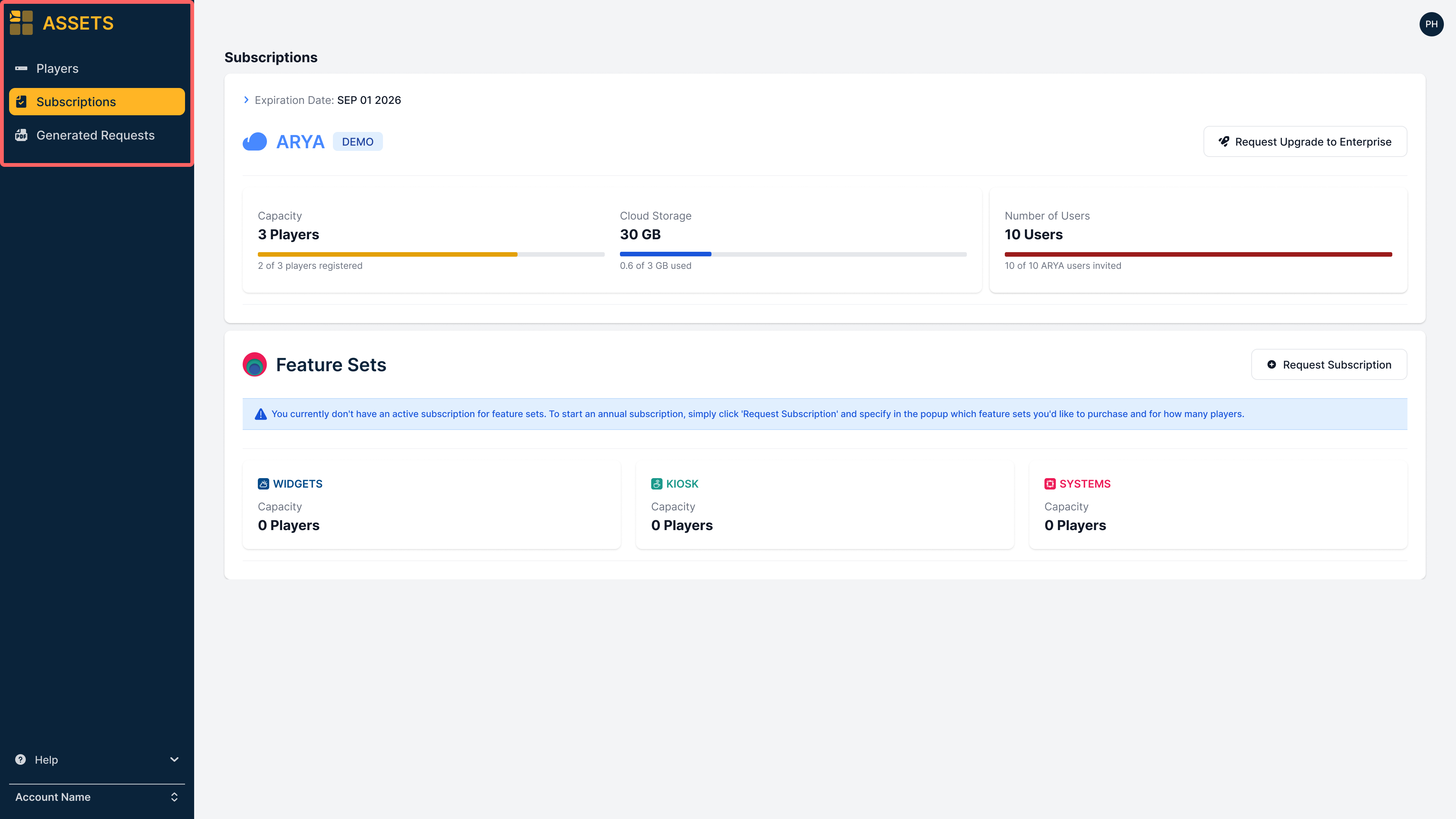 Subscriptions section in Assets