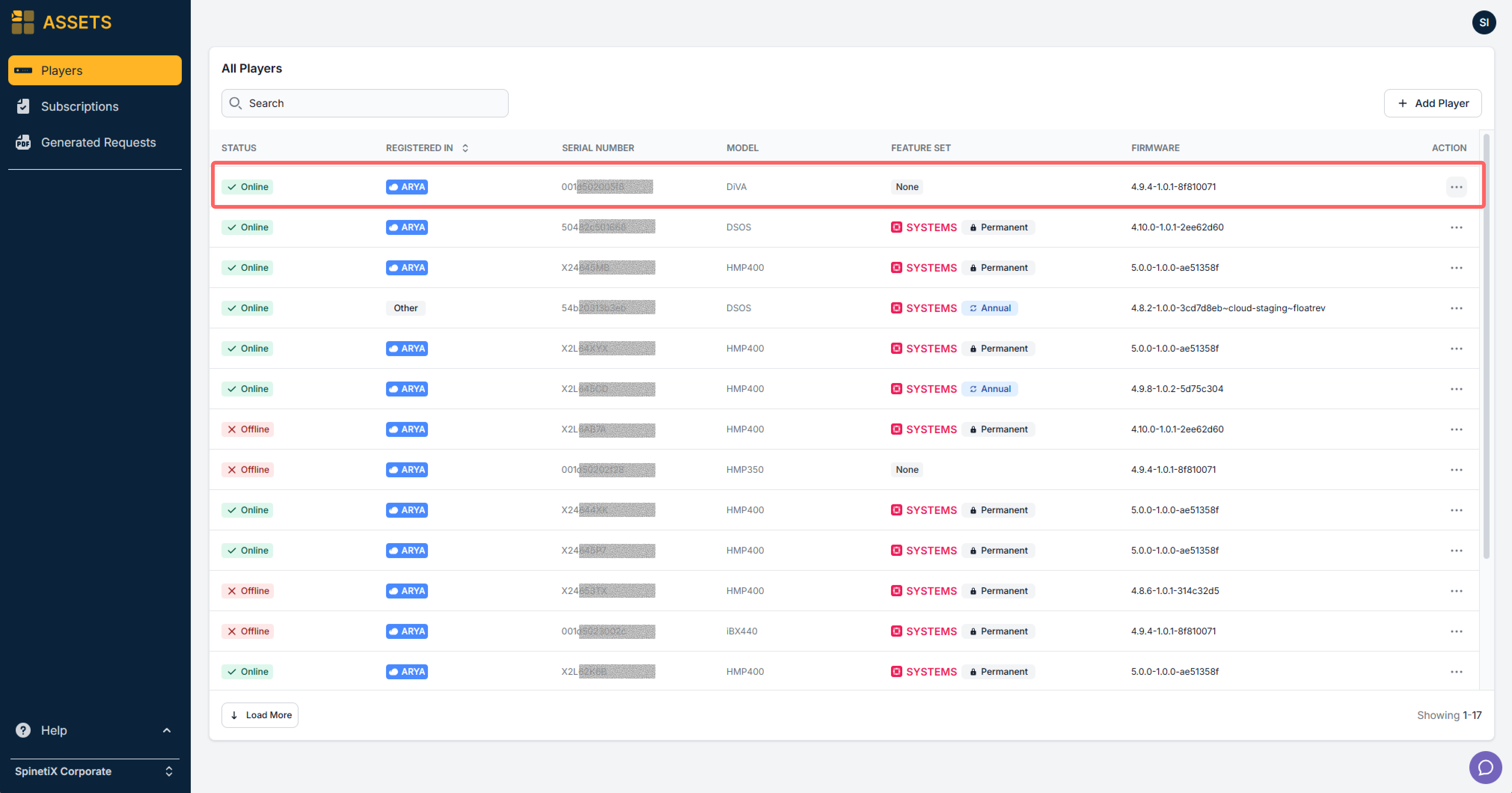 Selecting the player to delete in SpinetiX ASSETS