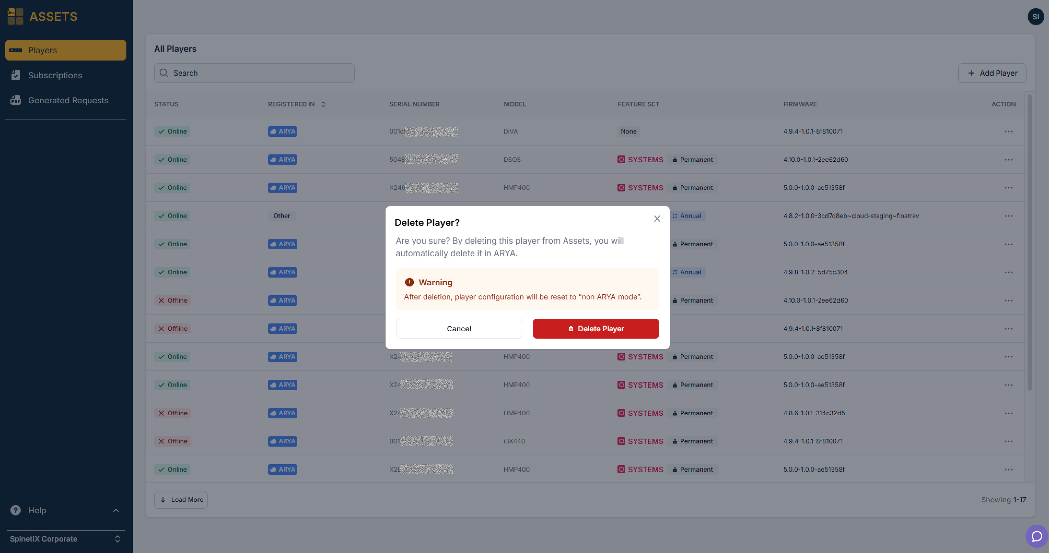 Player deletion confirmation in SpinetiX ASSETS